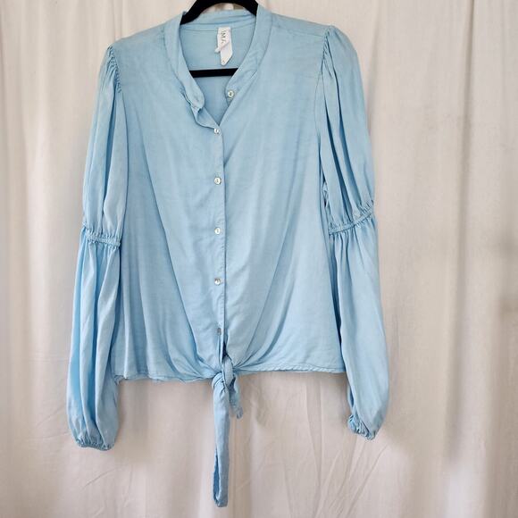 Anthropologie Amadi puff sleeve blouse L tencel Romantic Bohemian Blue Peasant - Picture 5 of 13